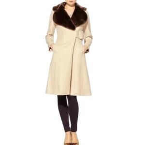 Kate Spade Briella Wool Coat Faux Fur Collar Trim Buckle Tan Brown Long Coat 0